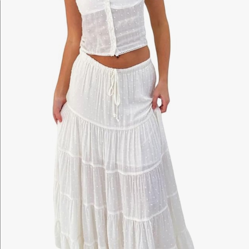 2 piece white maxi skirt and top set